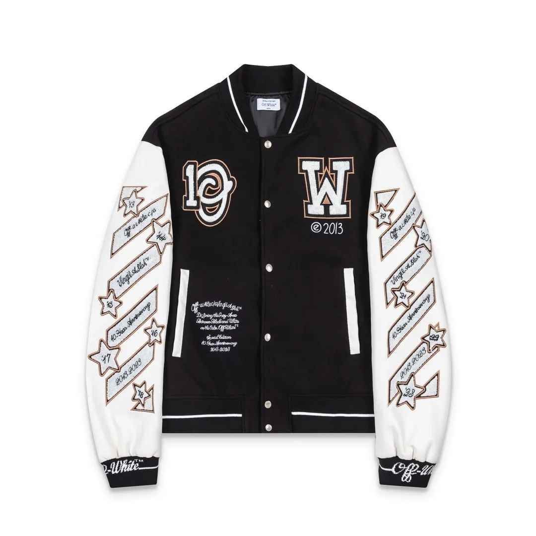 S21#P660, offwhite heavy-duty embroidered leather baseball jacket. The body is made of woolen fabric. Couple's jacket. Black size: S M L XL